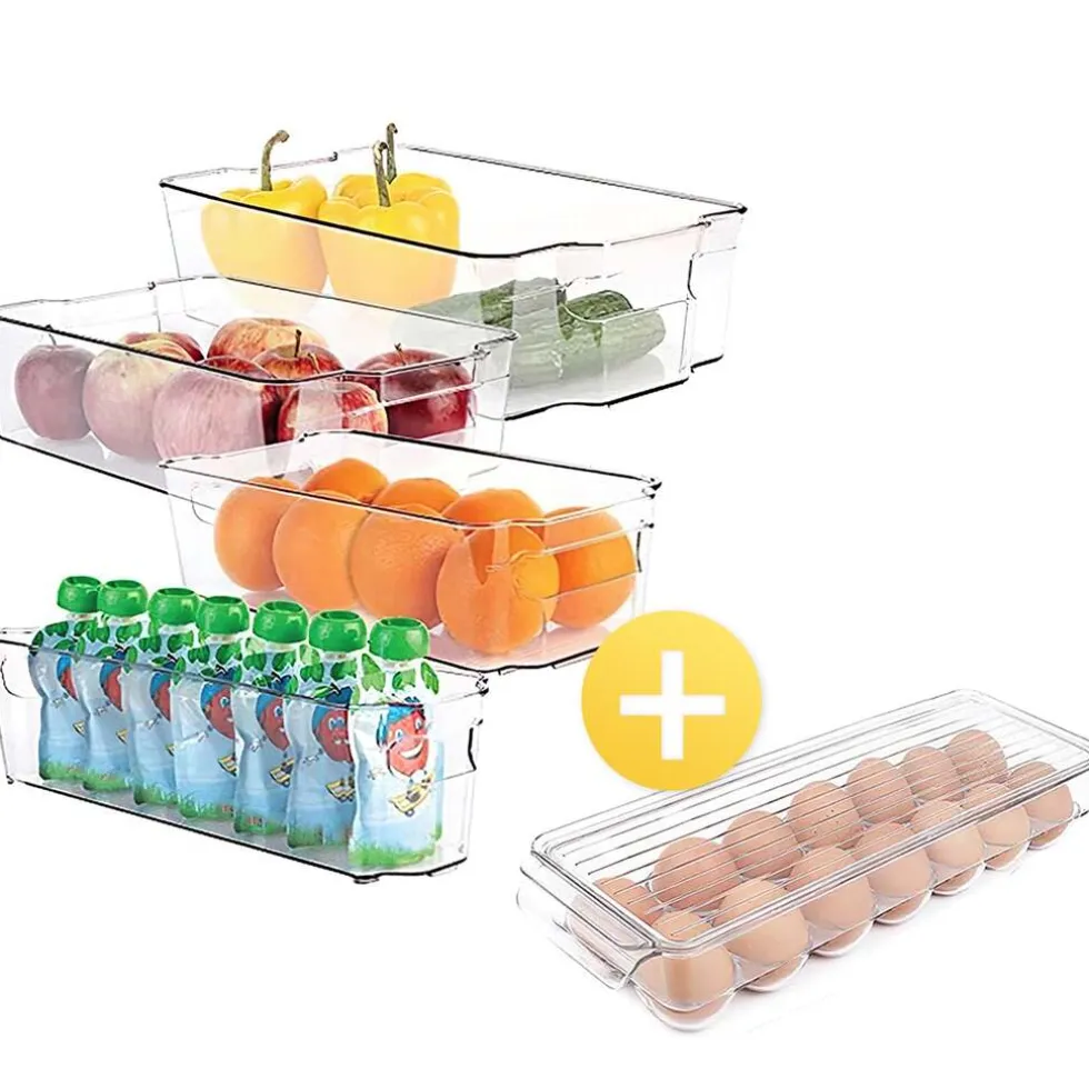 Buxibo Koelkast Organizers Set van 4 + Eierhouder (14 Eiren) Stapelbare Koelkast Bakken