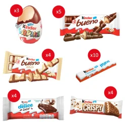 Kinder chocolade mix: Kinder Bueno melk & wit, Kinder Surprise, Kinder Delice, Kinder Maxi & Kinder Crispy