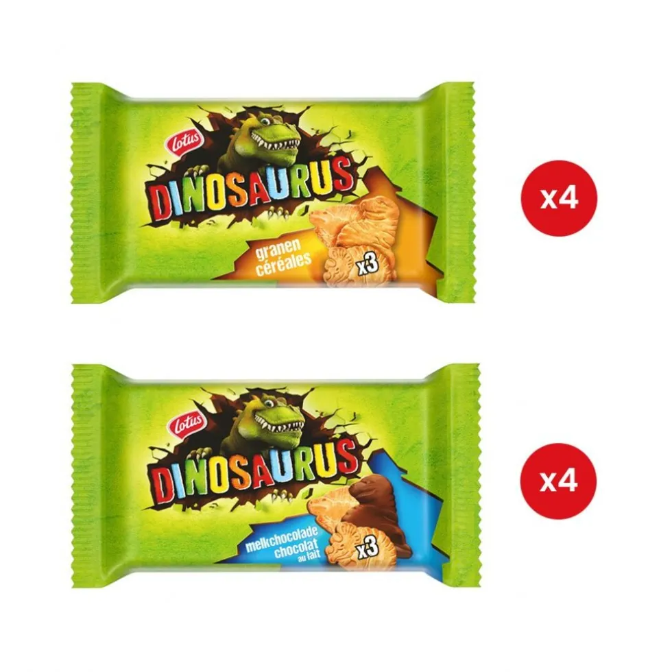 Lotus Dinosaurus Collection Box "Snackosaurus Rex!" - 8 koekzakjes met Lotus Dinosaurus natuur- en chocoladekoeken