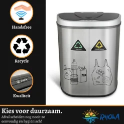 Rijoka Prullenbak met Sensor Dubbel 70 Liter RVS Soft Close Vingerafdrukvrij