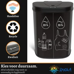 Rijoka Prullenbak Sensor Dubbel 70 Liter Recycle RVS Soft Close Vingerafdrukvrij