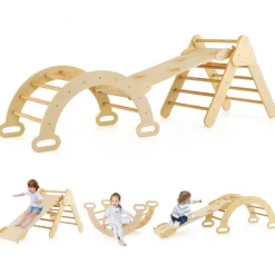 Trendmix 3 in 1 Houten Klimset met Glijbaan Klimdriehoek en Klimboog